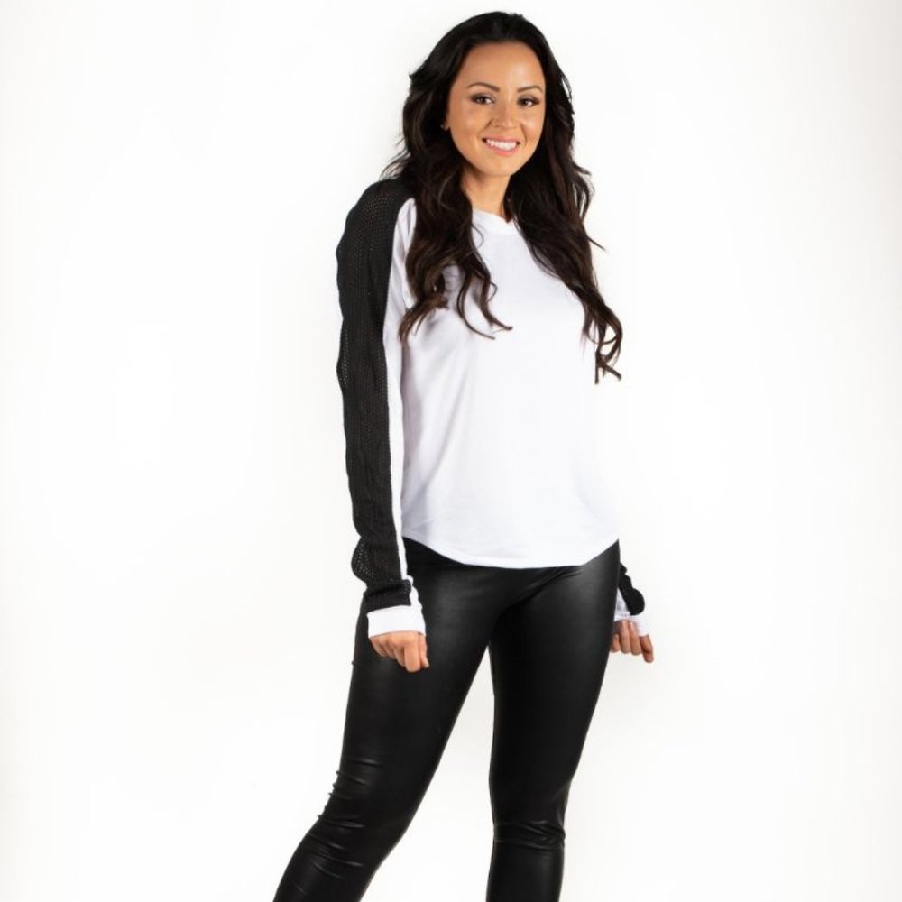 BLACK N' WHITE MESH SLEEVE FRENCH TERRY LONG SLEEVE TOP